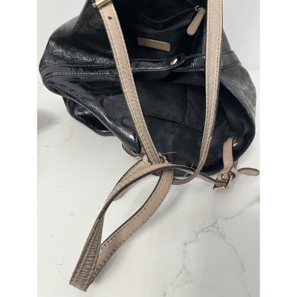 Michael Kors Black Patent Tote Shoulder Bag Logos, Tan Straps Casual Preppy - Picture 3 of 9